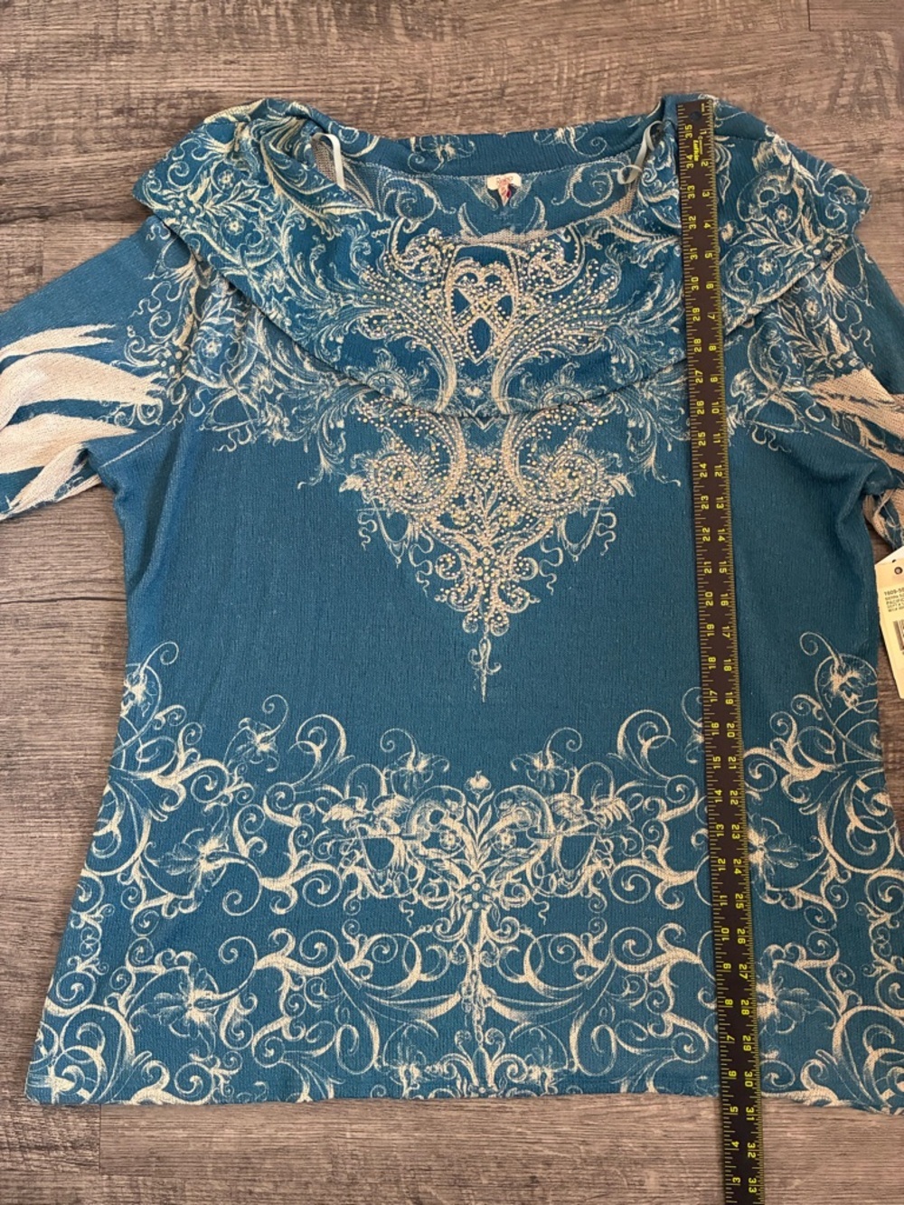 Reba Cowl Neck Knit Rhinestone Top 3X Blue Graphic Western Cowgirl - Picture 10 of 10
